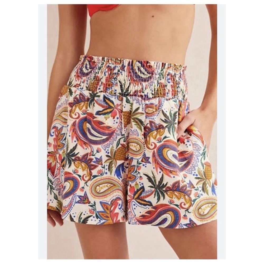 NWOT BODEN 100%Linen Shirred Waist Paradise Paisley Shorts Sz 12